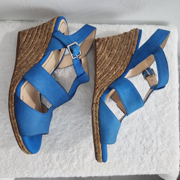 Alex Marie Blue Suede T-Strap High Wedge Fashion Espadrilles 8M - Picture 4 of 9